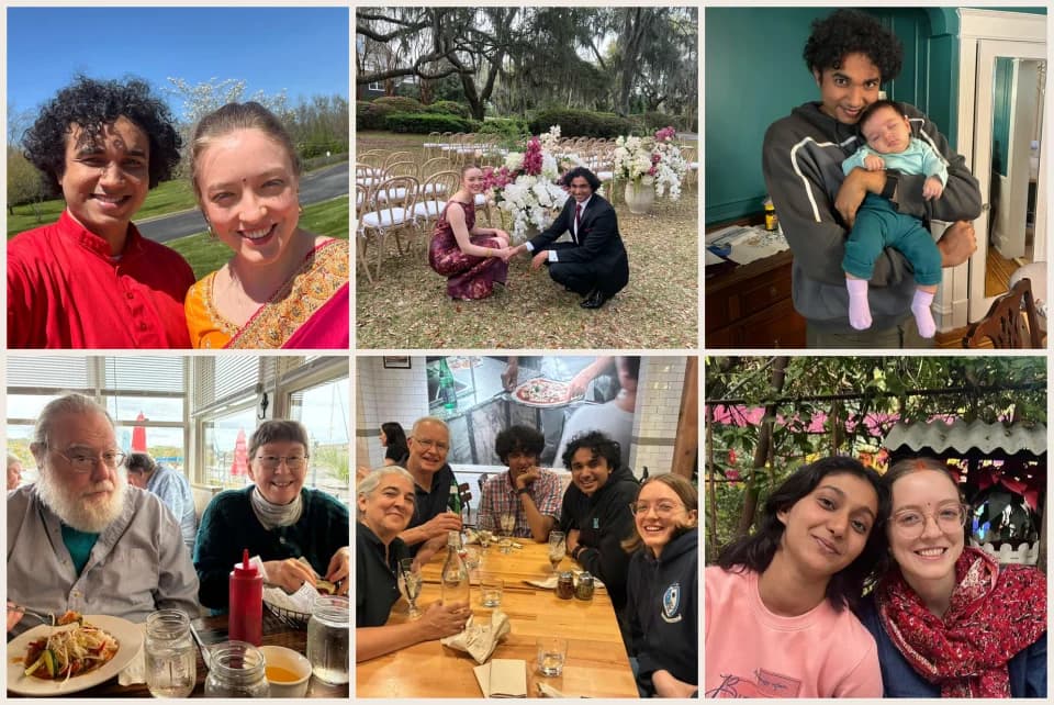 A collage of six photos: Sarah Beth and her husband together, their engagement portraits, her husband holding their niece, her parents at a restaurant, an extended family and friends dinner, and Sarah Beth with a friend.