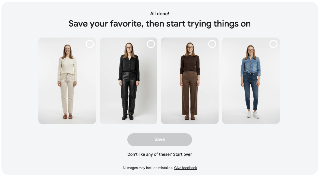 Google Try On's photo-based virtual try-on interface, showing clothing overlaid on a shopper's photo.