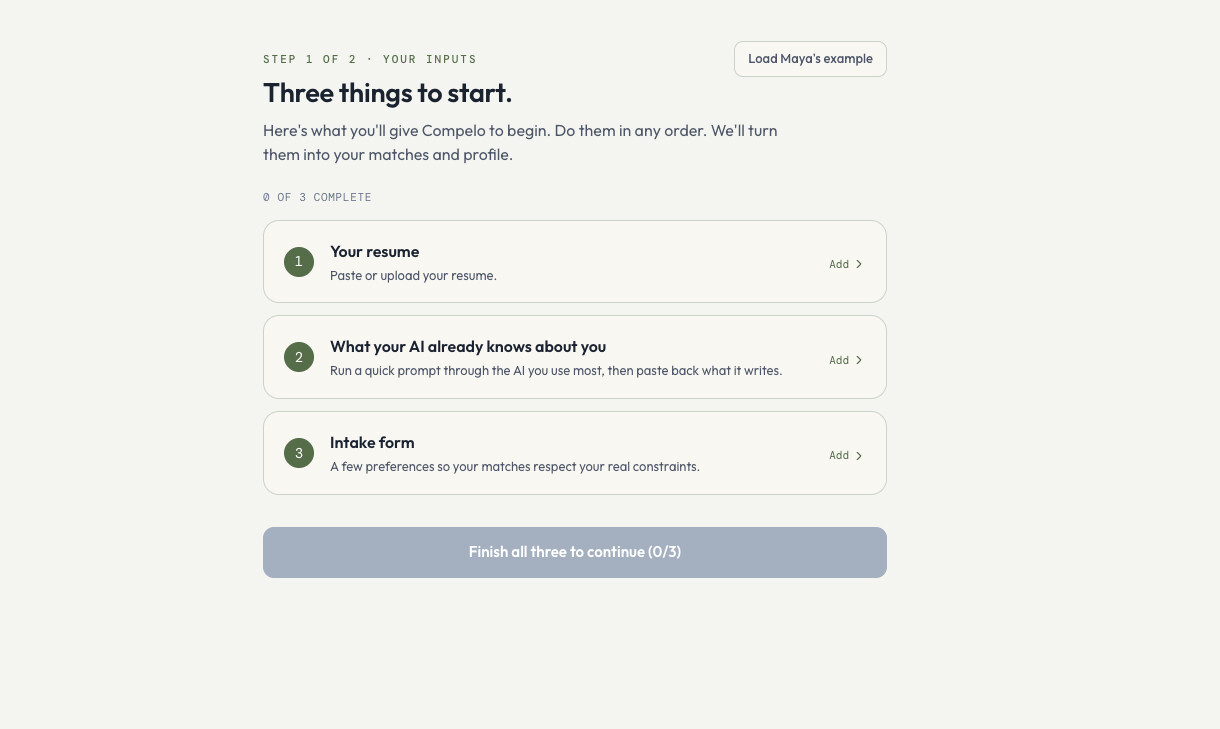 Compelo onboarding prototype: three inputs to start, resume, AI context, and intake form